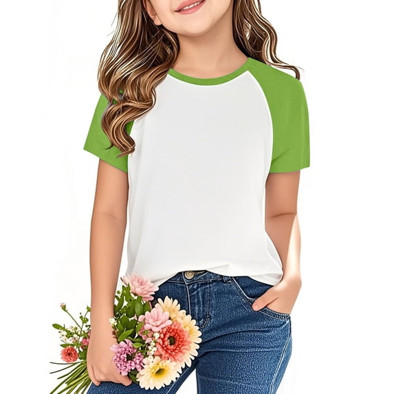 Raglan Shirt For Kids Crew Neck Short Sleeve Color Block Pullover Tops Summer Casual Loose Stylish Basic Tees (7 Years, Green)