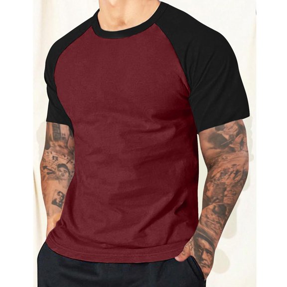 Raglan Shirt Men, Summer Casual Tshirts Short Sleeve Workout Slim Fit Crewneck Baseball Tee Color Block Tops (2XL, Wine)