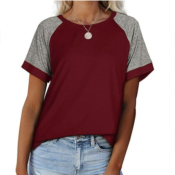 Raglan Short Sleeve T Shirts for Women 2025 Summer Tops Crew Neck Color Block Casual Going Out Cute Basic Tees