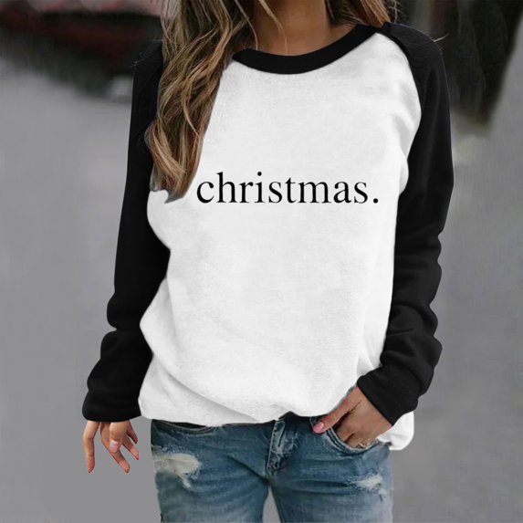 Raglan Sleeve Sweatshirts Tops for Women 2024 Merry Letter Print Christmas Shirts Long Sleeve Crewneck Pullover (XX-Large, Black 01)