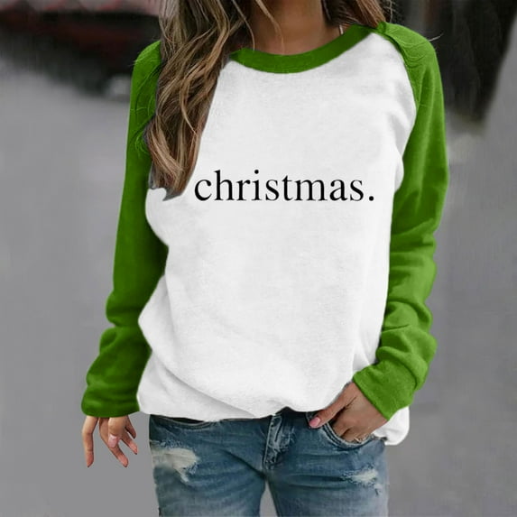 Raglan Sleeve Sweatshirts Tops for Women 2024 Merry Letter Print Christmas Shirts Long Sleeve Crewneck Pullover (XX-Large, Green 01)