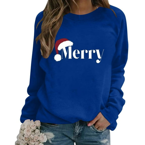 Raglan Sleeve Sweatshirts Tops for Women 2025 Merry Letter Print Christmas Shirts Long Sleeve Crewneck Pullover (2XL, Blue 02)