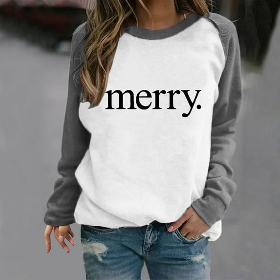 Raglan Sleeve Sweatshirts Tops for Women 2025 Merry Letter Print Christmas Shirts Long Sleeve Crewneck Pullover (2XL, Gray)