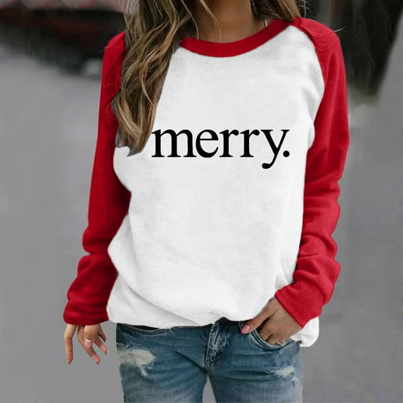 Raglan Sleeve Sweatshirts Tops for Women 2025 Merry Letter Print Christmas Shirts Long Sleeve Crewneck Pullover (M, Red)