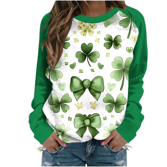 Raglan Sleeve T-Shirt for Women Lucky Charm Print Top 2026 Womens Tops Oversized Casual Pullover St. Patrick's Day Clothing Comfortable Long Sleeve Outfits Graphic Crewneck Shirts