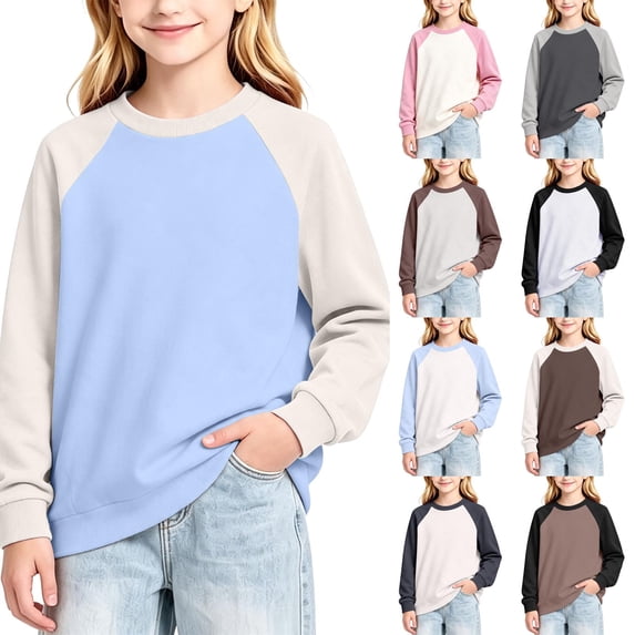 Raglan Sleeve Tee for Girls Color Block Long Sleeve Sweatshirt Crewneck Contrast Top Casual Kids Shirt 5-14Y