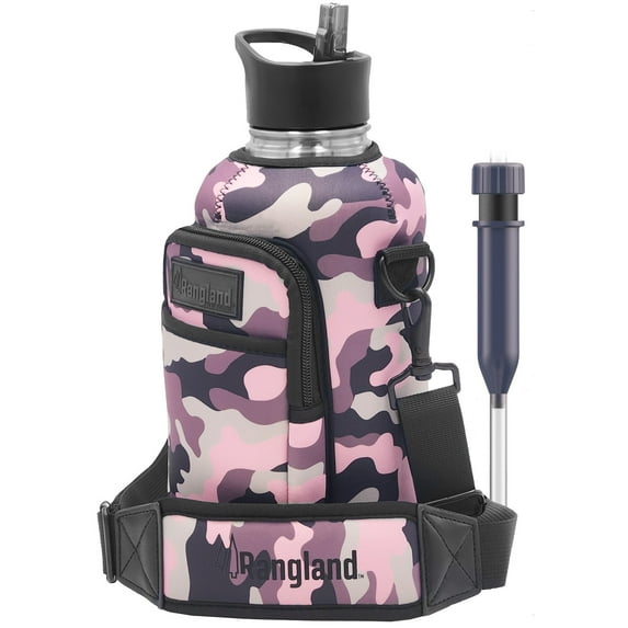 Ragland Half Gallon Insulated Water Bottle with Straw Lid, Large 64 oz Stainless Steel Water Bottle with Filter & Carrying Strap Bag (Includes 2 Filtering Straws) Pink Camo