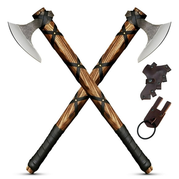 Viking Bearded Axes Pair, Handcrafted Norse Axes from High Carbon Steel and Durable Ash Wood, Perfect Medieval Gift for Men and History Lovers, Brown