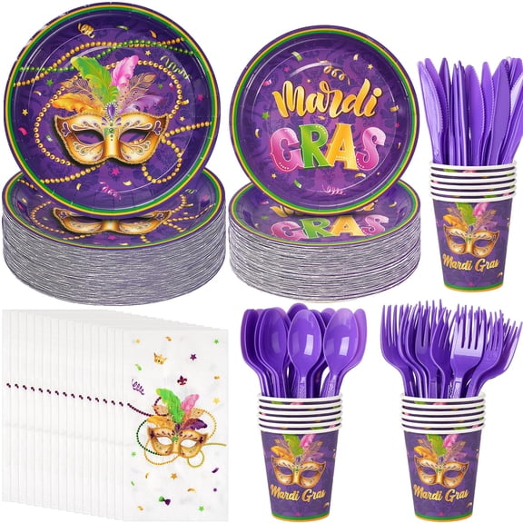 Ragnhild 350 Pcs Mardi Gras Mask Plates and Set, Mardi Gras Party Supplies Decorations, Masquerade Disposable Paper Plates Cups Forks for Mardi Gras Carnival Party Supplies, Serve 50 A101