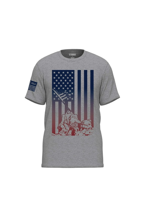 All Gender Short Sleeve Patriotic Red, White and Blue Gradient Flag with Iwo Jima Soldiers Graphic Tee Shirt, Mens Sizes S-5XL