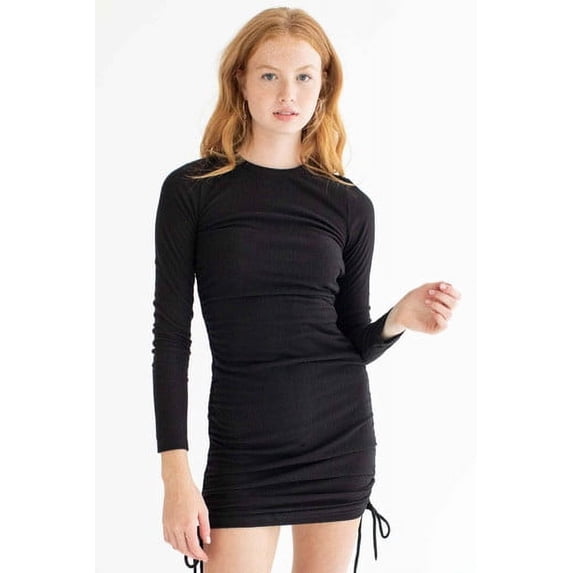 Black Brushed Ruched Sides Ribbed Dress - Long Sleeve Bodycon
