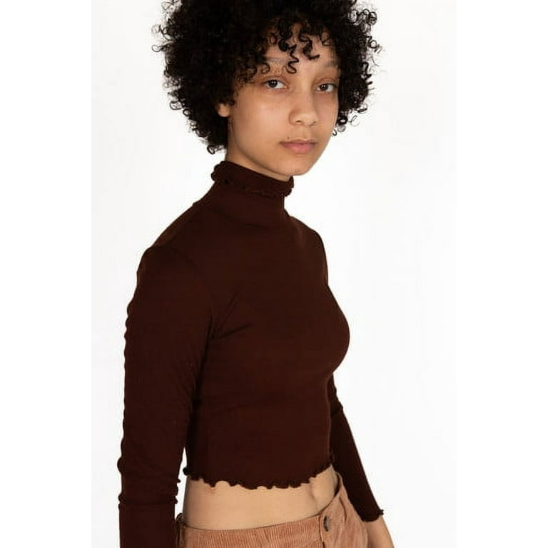 Brown Lettuce Hem Turtleneck Long Sleeve Ribbed Knit Top
