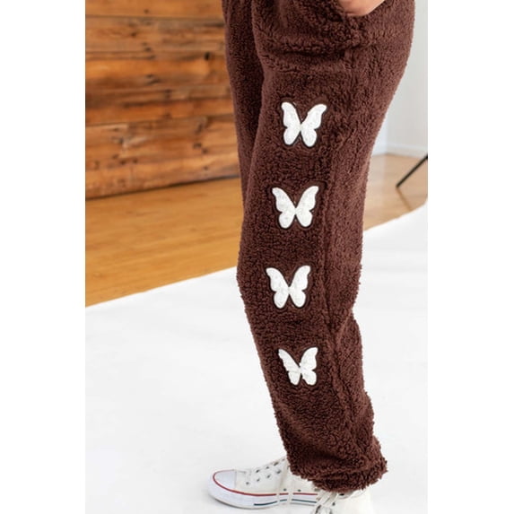 Butterfly Sherpa Joggers - Cozy Fleece Pants with Butterfly Patches