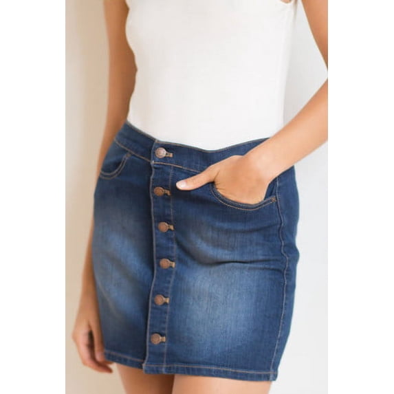 Button Front Denim Skirt - Casual Jean Mini Skirt with Pockets