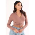 thumbnail image 1 of Ragstock Chocolate Ruched Ribbed Long Sleeve Crop Polo, 1 of 4