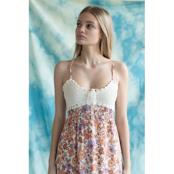 Crochet Top Peach Floral Maxi Dress - Sleeveless Bohemian Summer