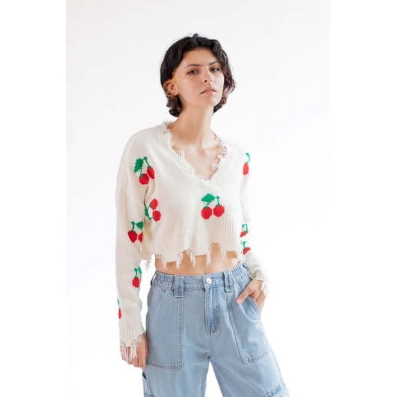 Ragstock Cropped Cherry Frayed Sweater