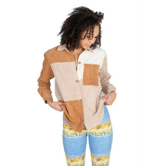 Khaki Color Block Corduroy Shacket - Women's Casual Button-Up Jacket
