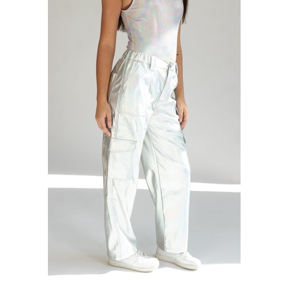 Silver Holographic Skater Jeans - Metallic Cargo Pants for Women
