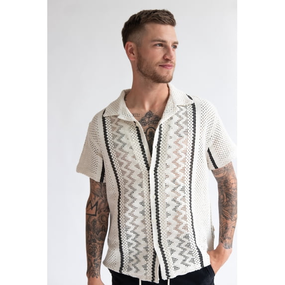 Stripe Cabana Crochet Button Up Shirt - Men's Casual Summer Top