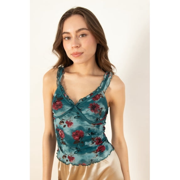 Ragstock Teal Floral Ruffle Mesh Tank