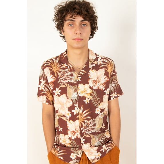 Tropical Brown Woven Shirt - Floral Short Sleeve Button-up
