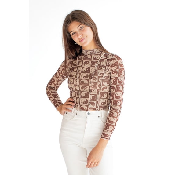 Yin Yang Mesh Contrast Stitch Top - Long Sleeve Printed Blouse