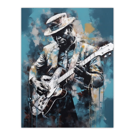 Ragtime Blues Watercolour Artwork Musician Playing Electric Guitar Portrait Painting Extra Large XL Wall Art Poster Print