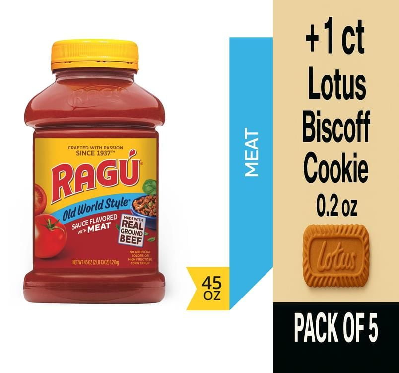 Ragu Old World Style Pasta Sauce Flavored With Meat 45 oz - Pack of 5 & Lotus Biscoff Cookie - 0.2 Oz - 1 ct
