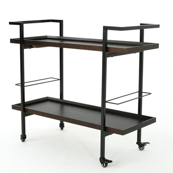 Rahiem Industrial Iron Bar Cart, Dark Walnut Finished
