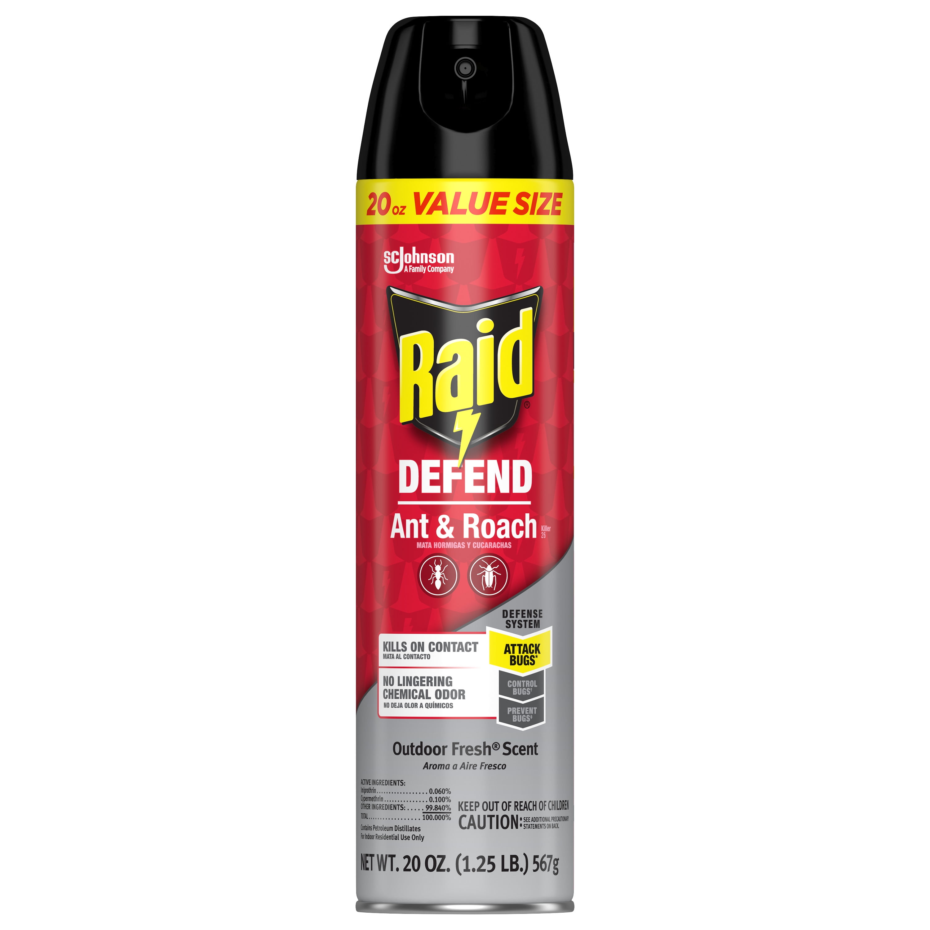 Raid Ant & Roach Killer 26 with Outdoor Fresh Scent, Defense Spray Kills on Contact, 20 oz
