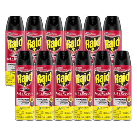 Raid Ant & Roach Killer Spray For Listed Bugs, Keeps Killing for Weeks, Lemon Scent, 17.5 oz 12 Count