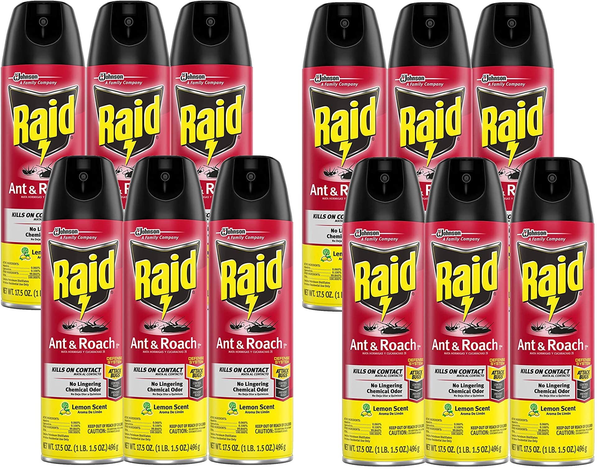 Raid Ant & Roach Killer Spray For Listed Bugs, Keeps Killing for Weeks, Lemon Scent, 17.5 oz 12 Count