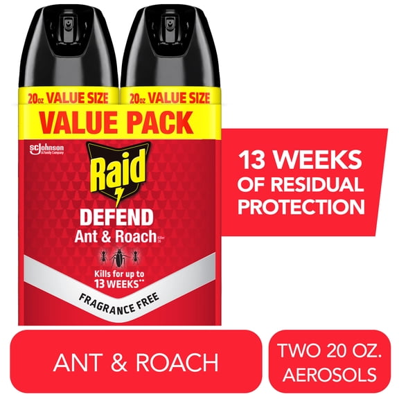 Raid Defend Ant & Roach Killer, Indoor Insecticide, Residual Killing Power, Fragrance Free, 20 oz, 2 Count