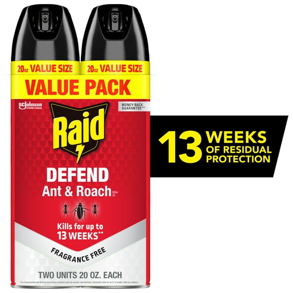 Raid Defend Ant & Roach Killer, Indoor Insecticide, Residual Killing Power, Fragrance Free, 20 oz, 2 Count
