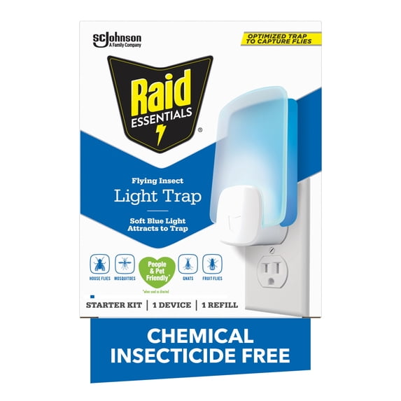 Raid Essentials Flying Insect Light Trap Starter Kit, Electric Flying Insect Trap & Refill
