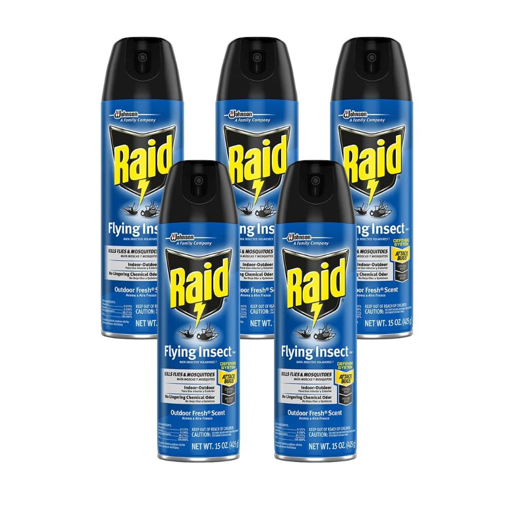 5-pack Raid Flying Insect Killer Aerosol Spray - Insecticide, Indoor/Outdoor Use - 15 Ounce, 5 Pack — Residential Use, Standard Application