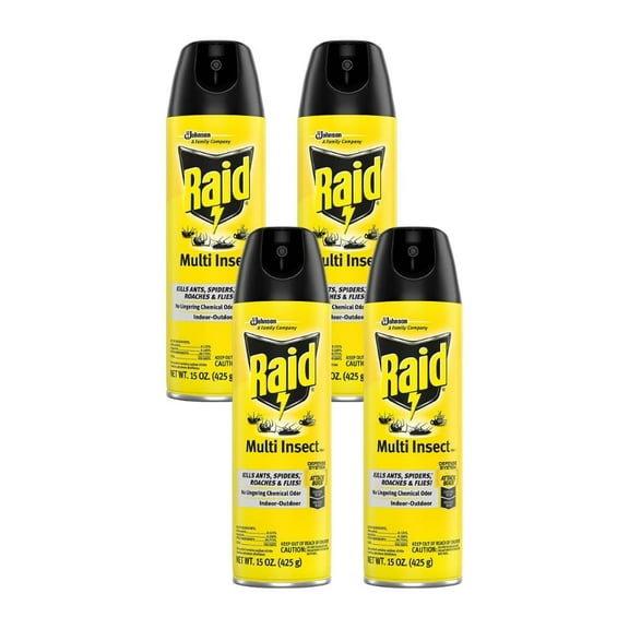 Raid Multi Insect Killer Spray - Kills Ants, Roaches, Spiders, Flies - 15 Oz, Pack of 4