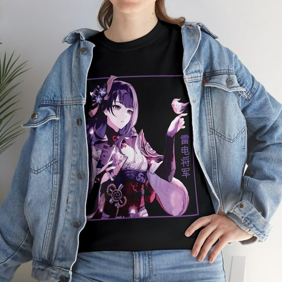 Raiden Shogun Genshin Impact Baal Anime T-shirt, Vaporwave Unisex Heavy Cotton Tee,Navy color,size S