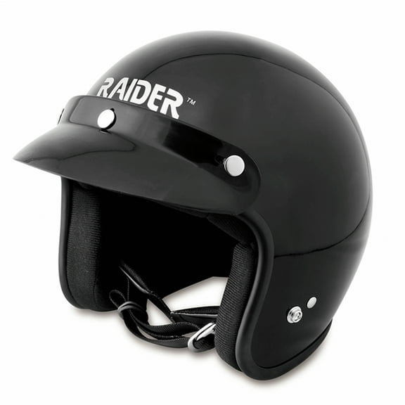Raider Motorcycle Open Face Helmet DOT Approved / Gloss Black, Sizes XXS - 2XL