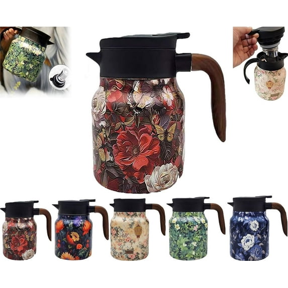 Raidley Vintage Floral Pattern Tea Thermos, Doresty Thermos Tea Pot, Tea Thermos With Infuser,Vintage Floral Pattern Tea-Built-In Infuser, Stainless Steel Thermal Carafe With Lid For Hot Drinks
