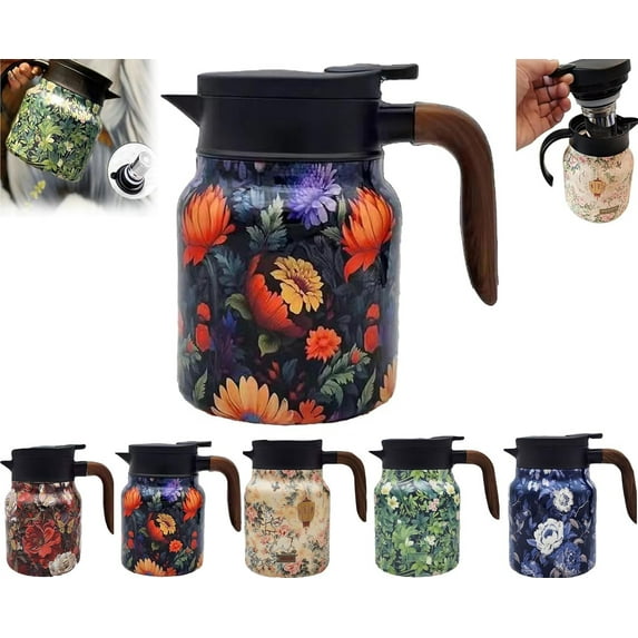 Raidley Vintage Floral Pattern Tea Thermos, Doresty Thermos Tea Pot, Tea Thermos With Infuser,Vintage Floral Pattern Tea-Built-In Infuser, Stainless Steel Thermal Carafe With Lid For Hot Drinks