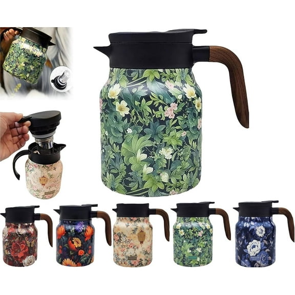 Raidley Vintage Floral Pattern Tea Thermos, Doresty Thermos Tea Pot, Vintage Floral Pattern Tea-Built-In Infuser, Stainless Steel Thermal Carafe with Lid for Hot Drinks