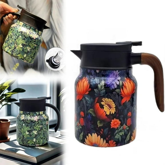 Raidley Vintage Floral Pattern Tea Thermos, Doresty Thermos Tea Pot, Vintage Floral Pattern Tea-Built-In Infuser, Stainless Steel Thermal Carafe with Lid for Hot Drinks
