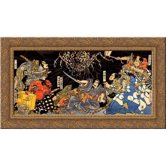 Raiko tormented by the earth spider 24x14 Gold Ornate Wood Framed Canvas Art by Utagawa Kuniyoshi