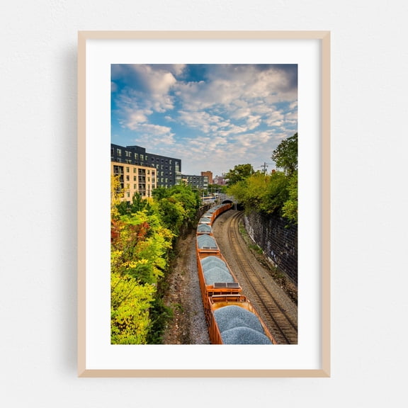 Rail, Baltimore - Baltimore Maryland Photography Cityscape Train Autumn Railroad Architecture Scenic Oak Framed Wall Art Print 5 x 7 inches