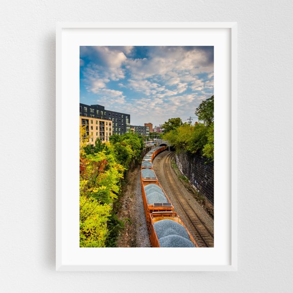 Rail, Baltimore - Baltimore Maryland Photography Cityscape Train Autumn Railroad Architecture Scenic White Framed Wall Art Print 5 x 7 inches