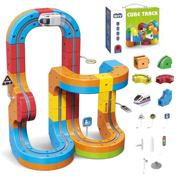 Rail Electric Train Set 3D Magic Flexible Race Track for Kids 3 4 5 6 7 8 Years Old, 48 pcs Race Car Track Block with Anti-Gravity, Educational STEM Toy Boys Girls Birthday