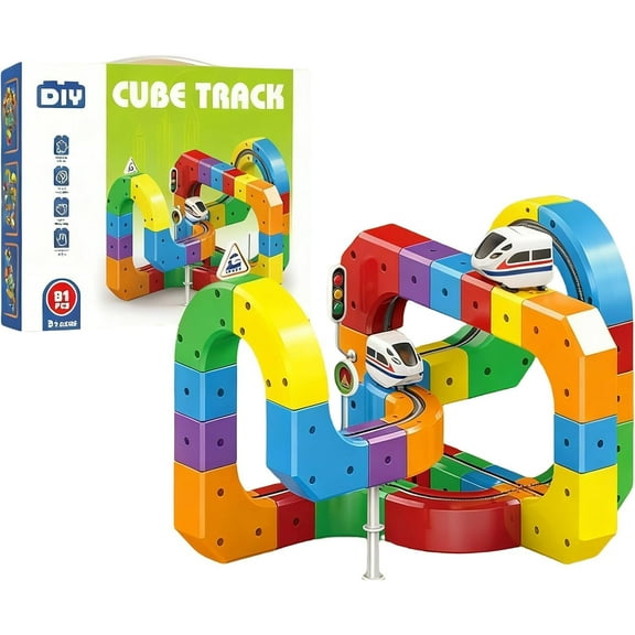 Rail Electric Train Track Building Toys, 3D Magnetic Track Car Toys, DIY Car Track Toy Sets, Anti-Gravity Driving, Great Building Blocks Gift for Boys & Girls (81pcs)