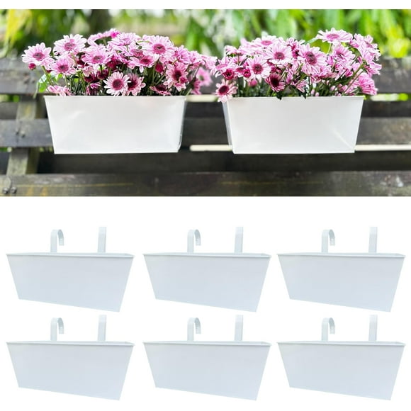 Rail Planters (6 Pack, 14 Inch) White Metal Rectangle Window Boxes Outdoor, Strawberry Balcony Garden Deck Railing Fence Hanging Flower Pots with Detachable Hook Patio Porch Minimalist Decor